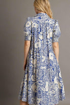 Umgee Royal Blue Printed Smocked Cuff Puff Sleeve Midi Dress