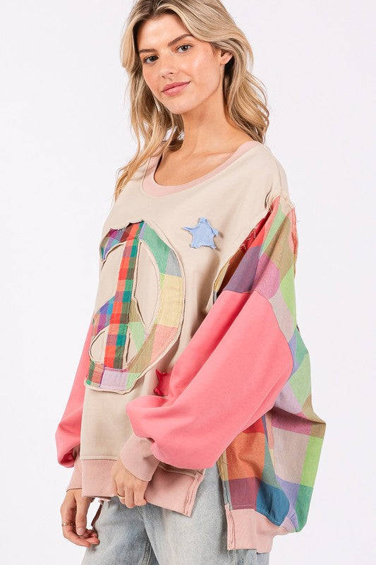 SAGE + FIG Coral Contrast Peace Patch Dropped Shoulder Sweatshirt