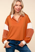 Haptics Rust Color Block Exposed Seam Long Sleeve Top Trendsi