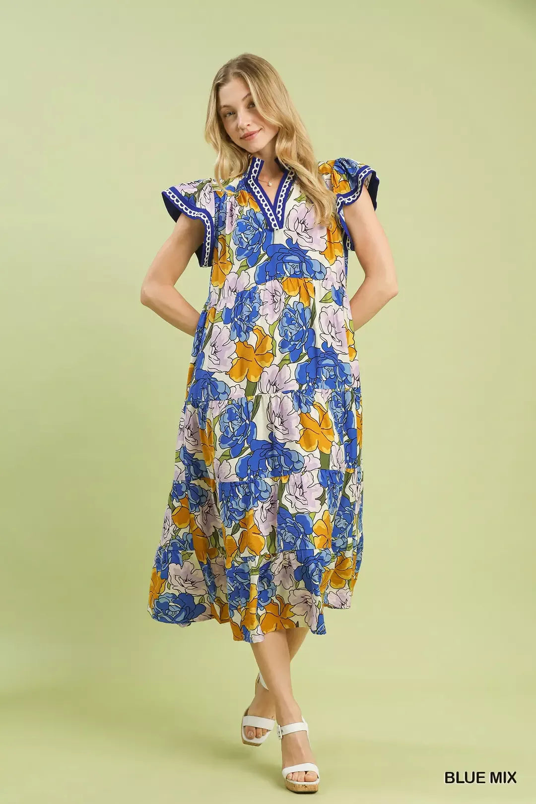 Umgee Blue Mix Bold Floral Tiered Midi Dress