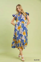 Umgee Blue Mix Bold Floral Tiered Midi Dress