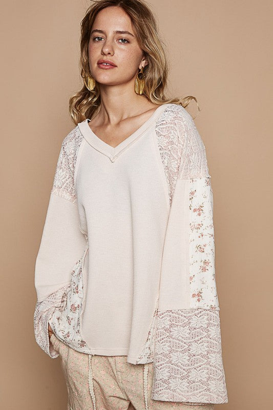 POL Lace Floral Round Neck Knit Top in Egg Shell Shirts & Tops