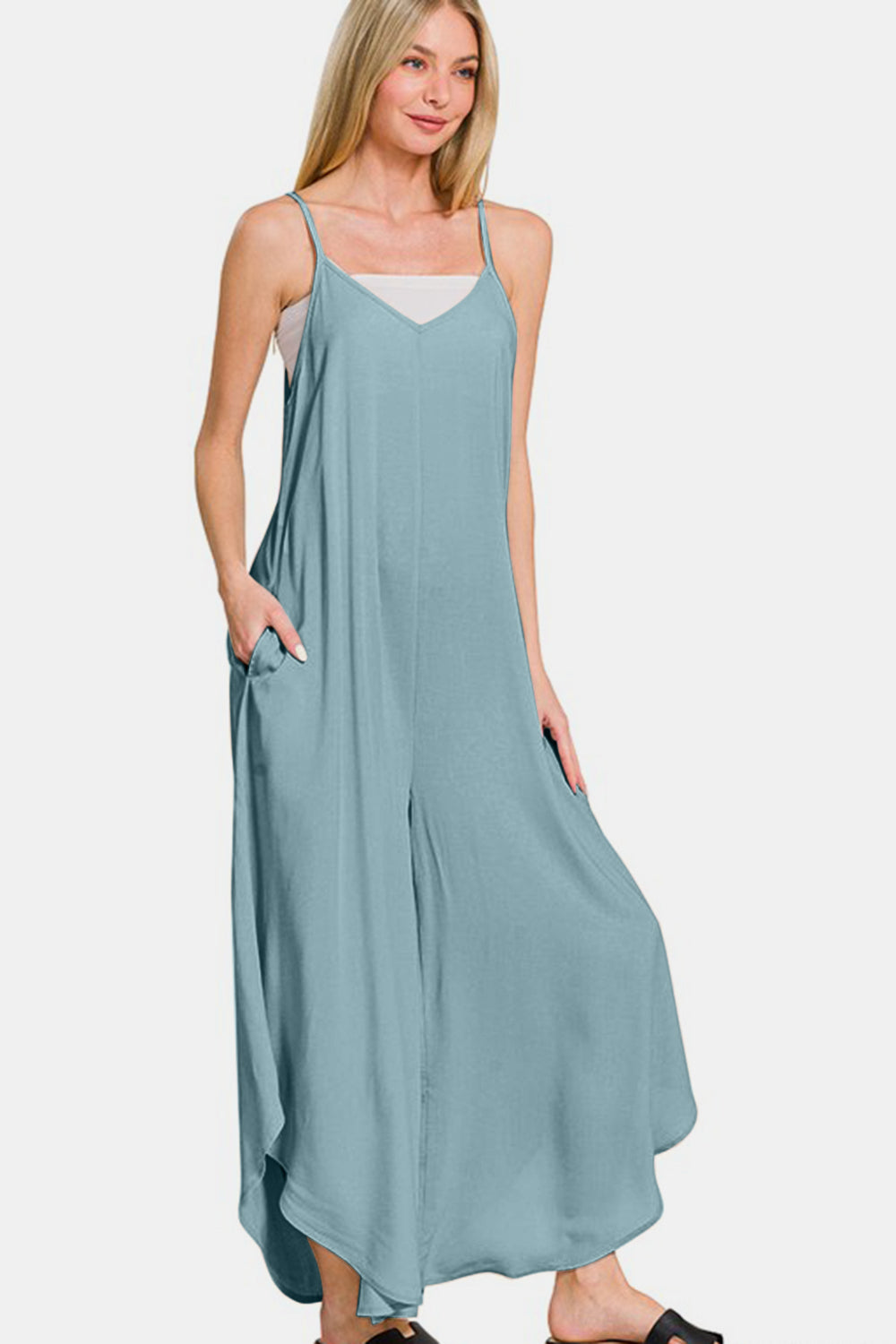 Zenana Blue Gray Spaghetti Strap Wide Leg Challis Jumper with Pockets Jumpsuits & Rompers