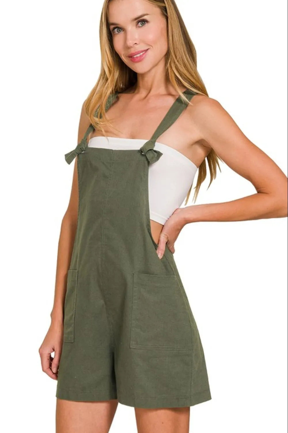 Zenana Dark Olive Woven Knot Strap Romper