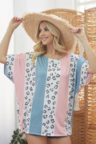 BiBi Pink and Blue Leopard Stripe Printed French Terry Oversized Top