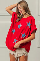 BiBi Red Beaded Stars Appliques Fourth Of July Terry T-Shirt