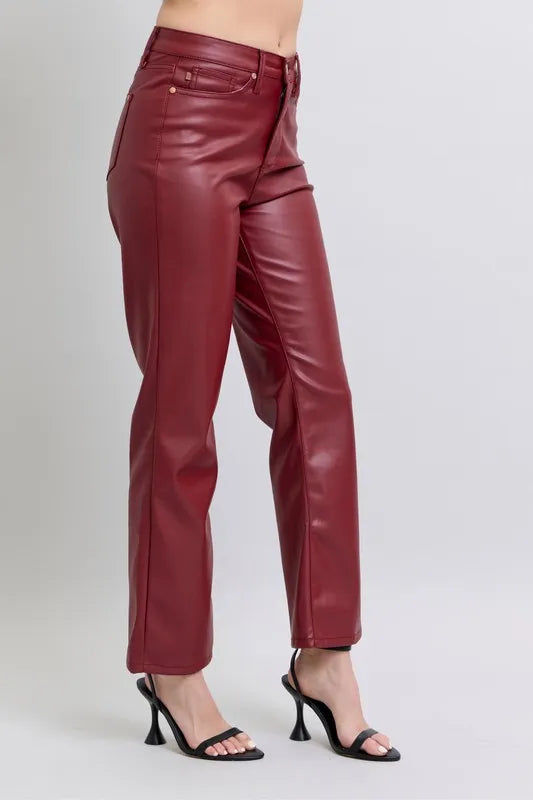 Judy Blue Red High Waist Tummy Control Faux Leather Straight Pants
