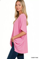 Zenana Candy Pink Raised Rib V-Neck Batwing Top