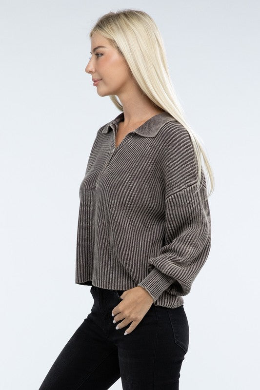 Zenana Washed Collared Henley Sweater in 6 Colors! ZENANA