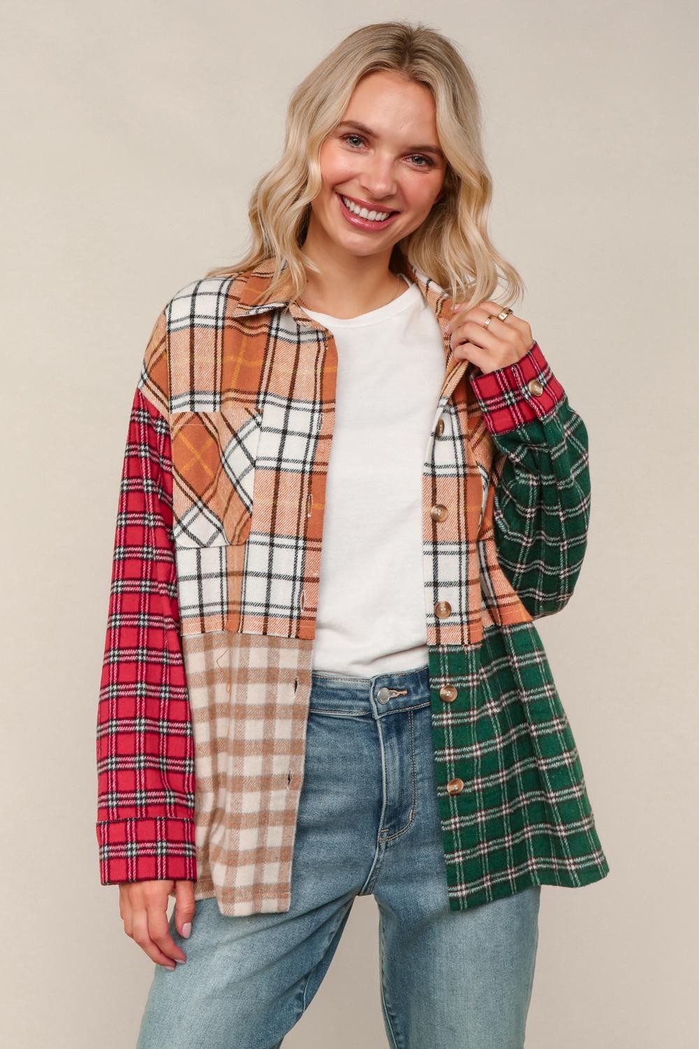 Haptics Loose Fit Multi Color Plaid Flannel Jacket with Pocket