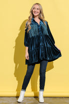 And The Why Teal Fringe Detailed Velvet Shirt Dress Trendsi