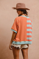 BiBi Striped Coral Round Neck Half Sleeve French Terry Top