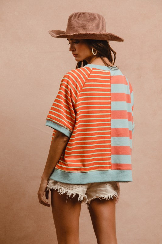 BiBi Striped Coral Round Neck Half Sleeve French Terry Top