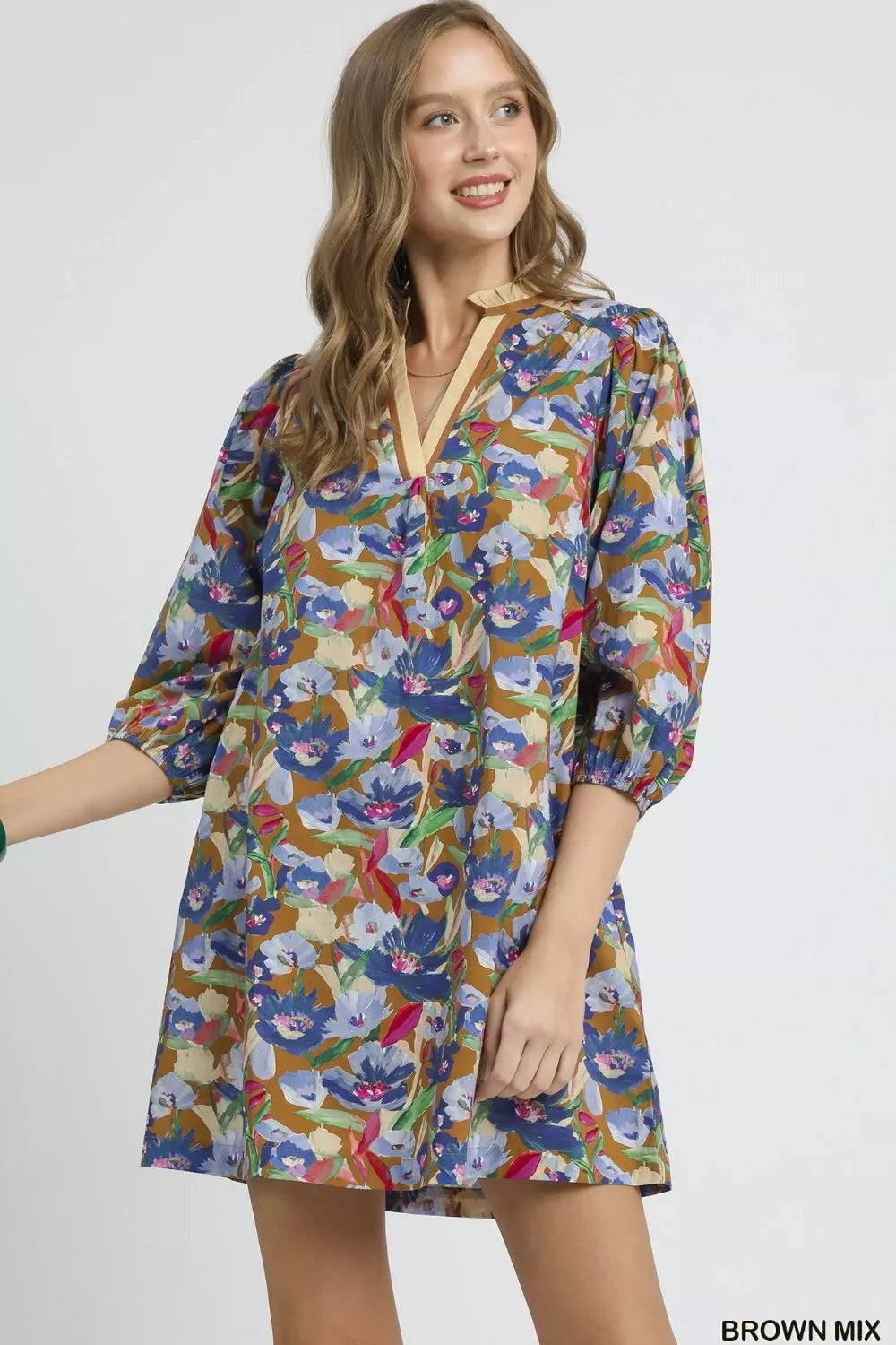 Umgee Brown Mix Boho Floral Balloon Sleeve Mini Dress BROWN MIX