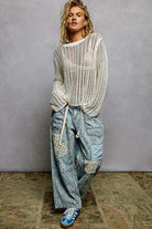 POL Off White Openwork Round Neck Knit Cover Up