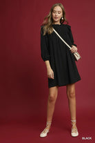 Umgee Black Linen Ruffle Shoulder Pleated Babydoll Dress