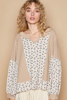 POL Waffle Knit Floral Notched Long Sleeve Top in Tan Shirts & Tops