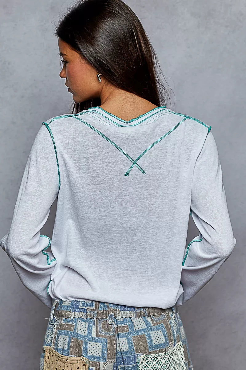 POL Off White Round Neck Long Sleeve Top with Contrast Stitching