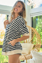 BiBi Stripe Fleece Notch Neck Short Sleeve Hoodie