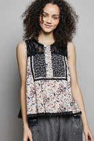 POL Black Printed Woven Lace Back Round Neck Sleeveless Top BLACK