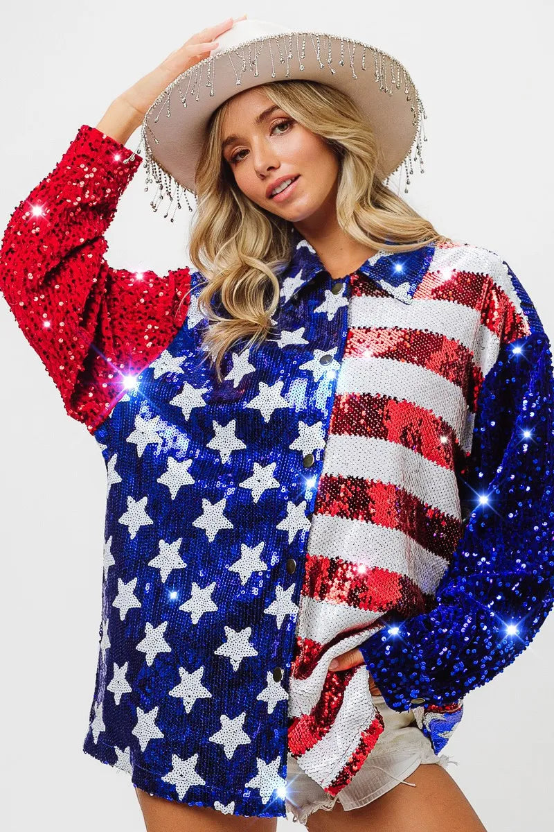 BiBi Velvet Sequin American Flag Long Sleeve Top
