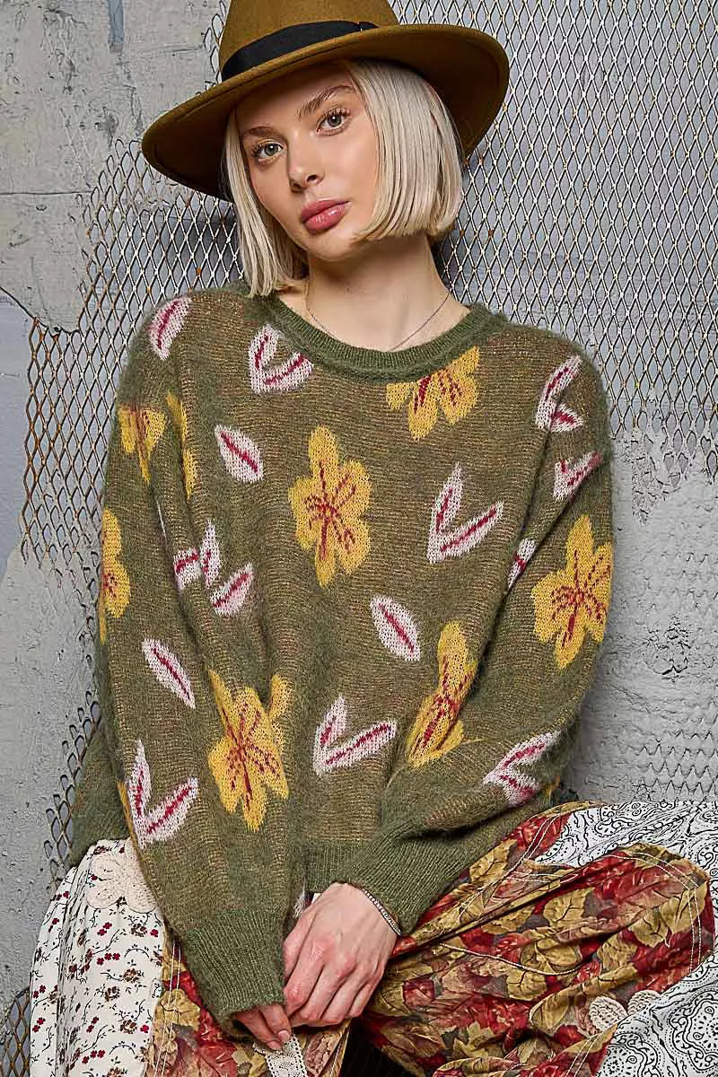 POL Olive Floral Pattern Round Neck Balloon Sleeve Sweater