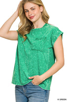 Zenana Kelly Green Crinkle Washed Round Neck Folded Short Sleeve Tee K GREEN