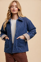 Annie Wear Dark Blue Quilted Printed Lining Snap Down Denim Jacket