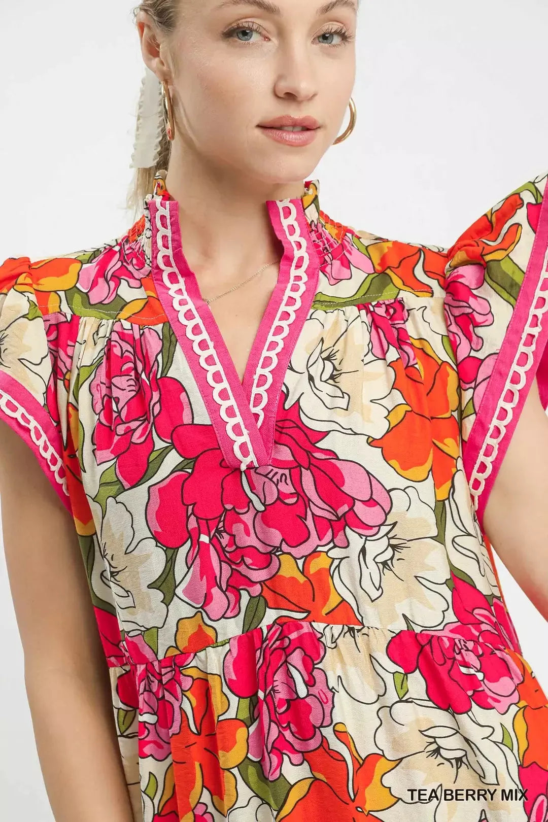 Umgee Tea Berry Mix Bold Floral Tiered Midi Dress
