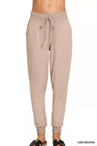 Zenana Ash Mocha Drawstring Cotton Joggers with Pockets ASH MOCHA