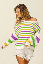 BiBi Ivory Mardi Gras Colors Stripe Comfy Sweater