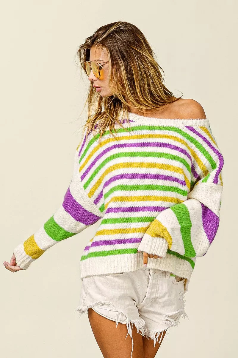 BiBi Ivory Mardi Gras Colors Stripe Comfy Sweater