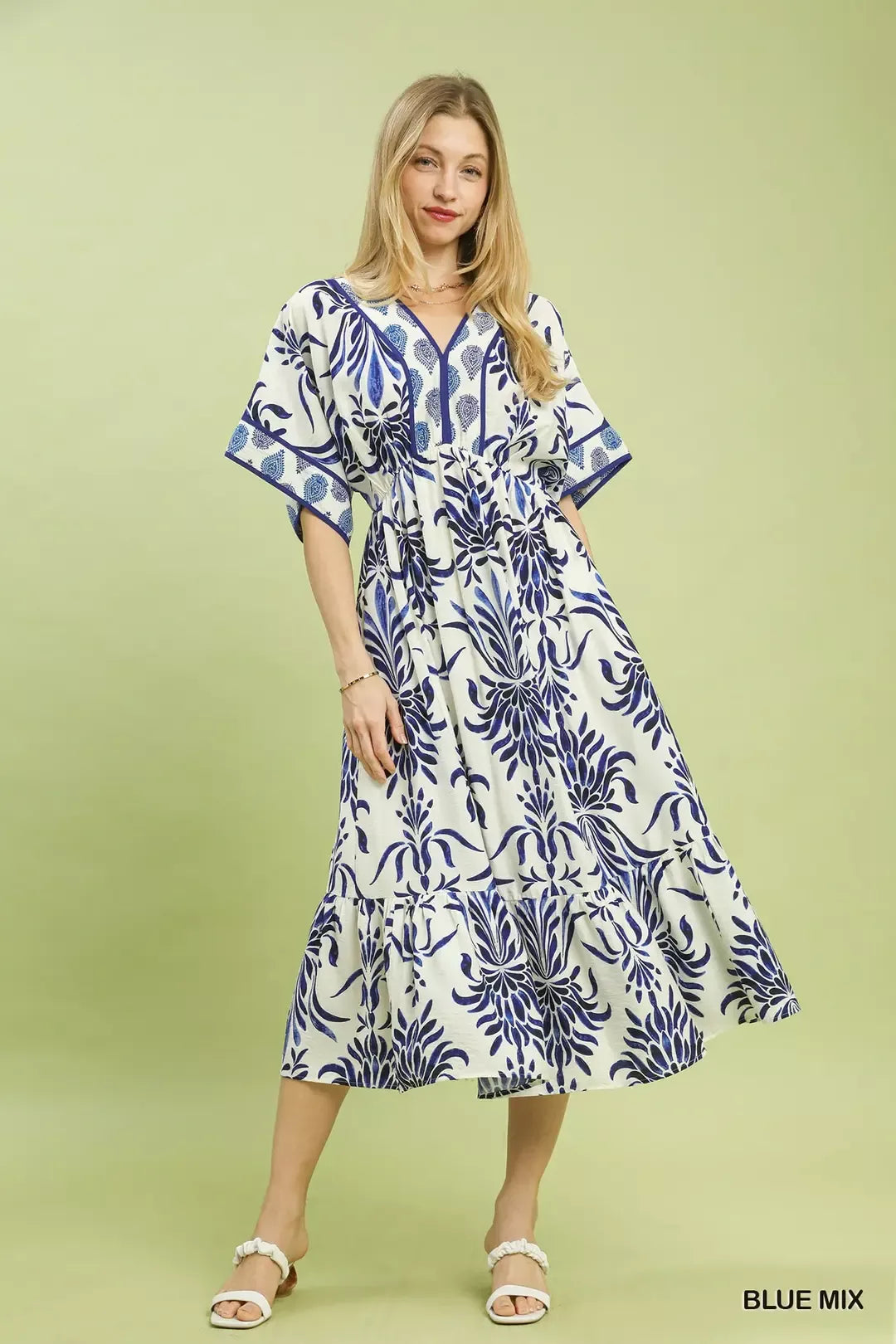 Umgee Blue Mix Floral Border Midi Dress with Pockets