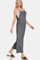 Zenana Washed Adjustable Strap Wide Leg Denim Overalls in Black Jumpsuit & Rompers