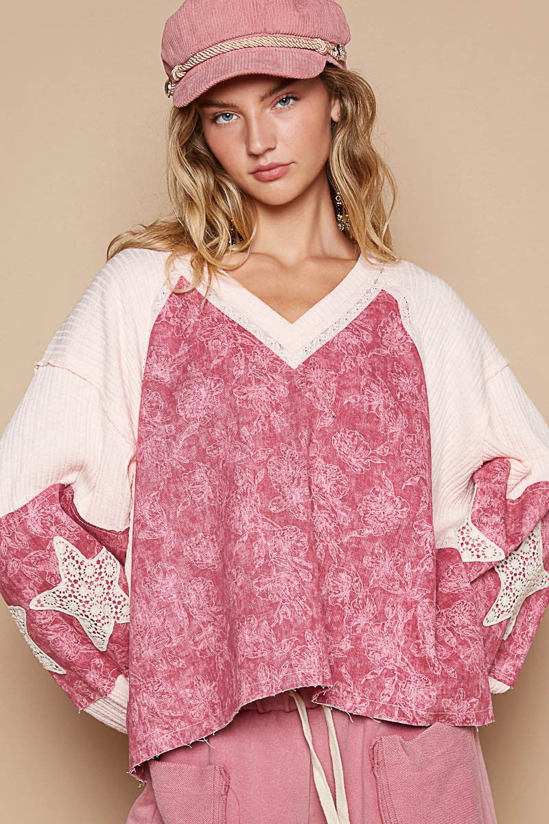 POL Berry Balloon Sleeve Ribbed & Lace Detail Floral Pattern V Neck Trendsi