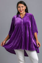 Umgee Violet Velvet Button Down Tiered Back High Low Shirt Shirts & Tops