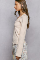 POL Blush V-Neck Long Sleeve Ribbed Top with Lace-Accent Neckband