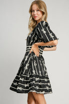 Umgee Ribbon Print Frill Contrast Velvet Trim Half Sleeve Dress in Black Dresses