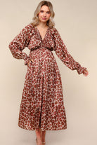 Haptics Taupe/Rust Satin Leopard Tiered Maxi Dress