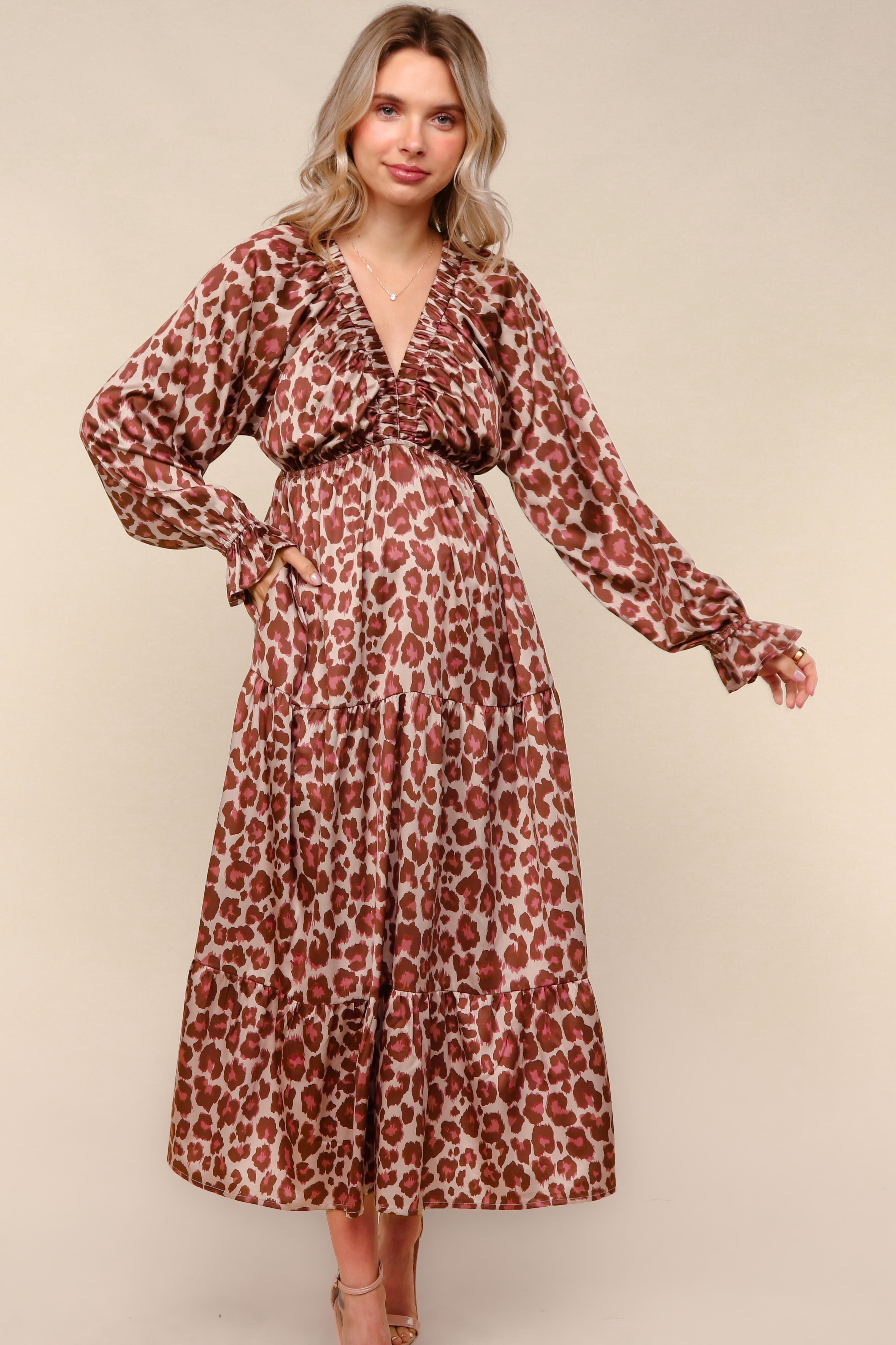 Haptics Taupe/Rust Satin Leopard Tiered Maxi Dress
