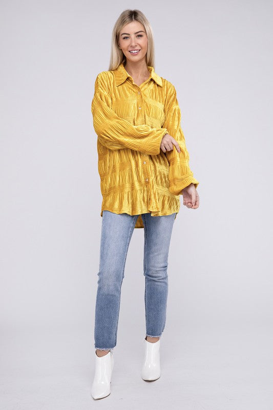 BiBi Wrinkle Effect Tiered Shirring Velvet Shirt BiBi