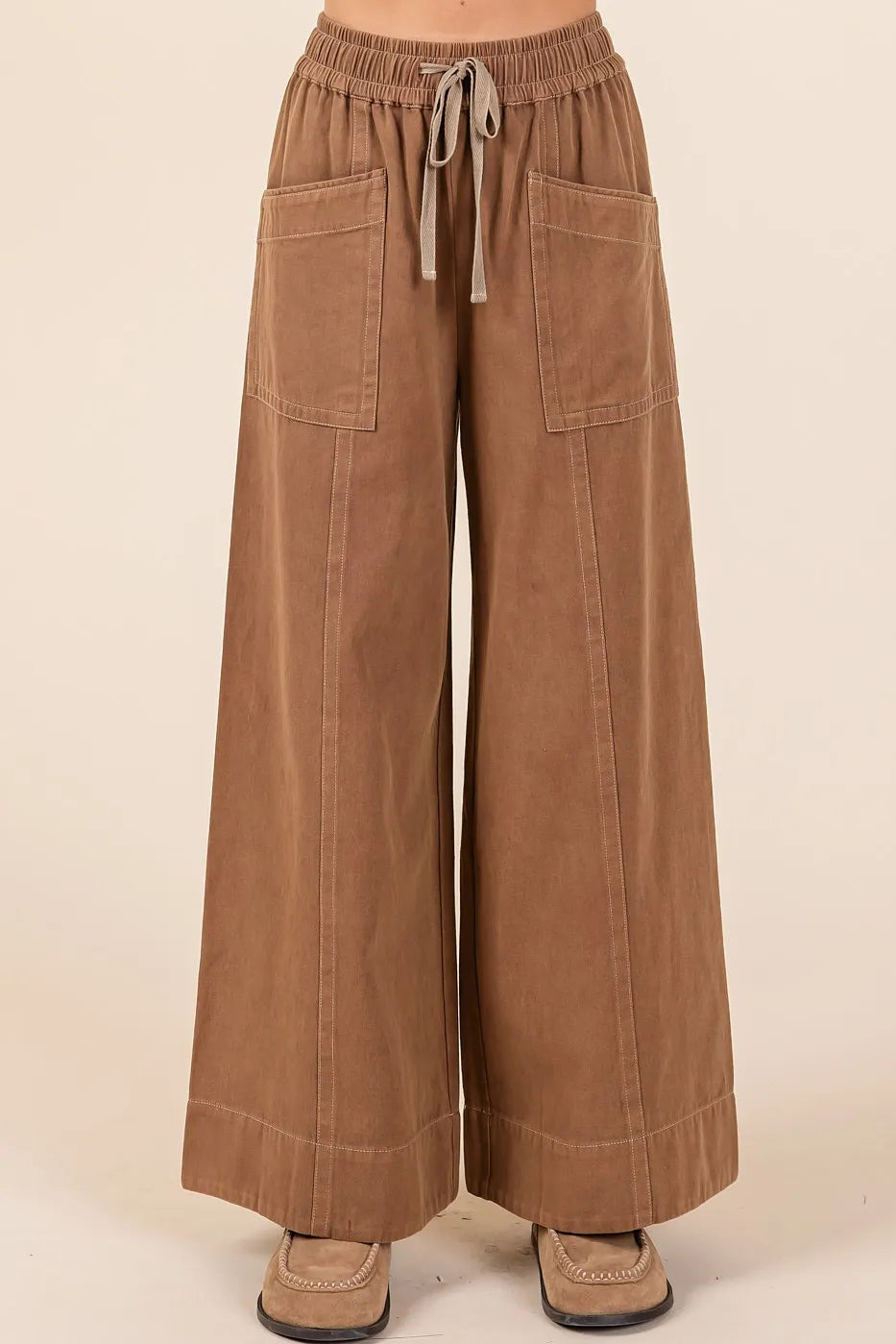 Mittoshop Cocoa Mineral Wash Wide Leg Elastic Waist Twill Pants COCOA