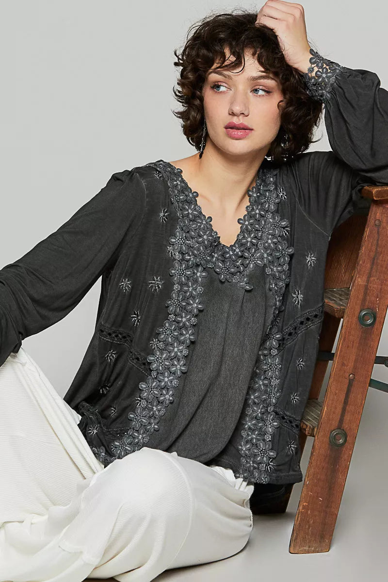 POL Floral Embroidery Woven Top with Lace Trim
