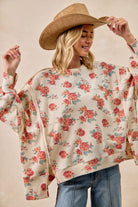 BiBi Oatmeal Floral Print Oversized Waffle Thermal Sweatshirt