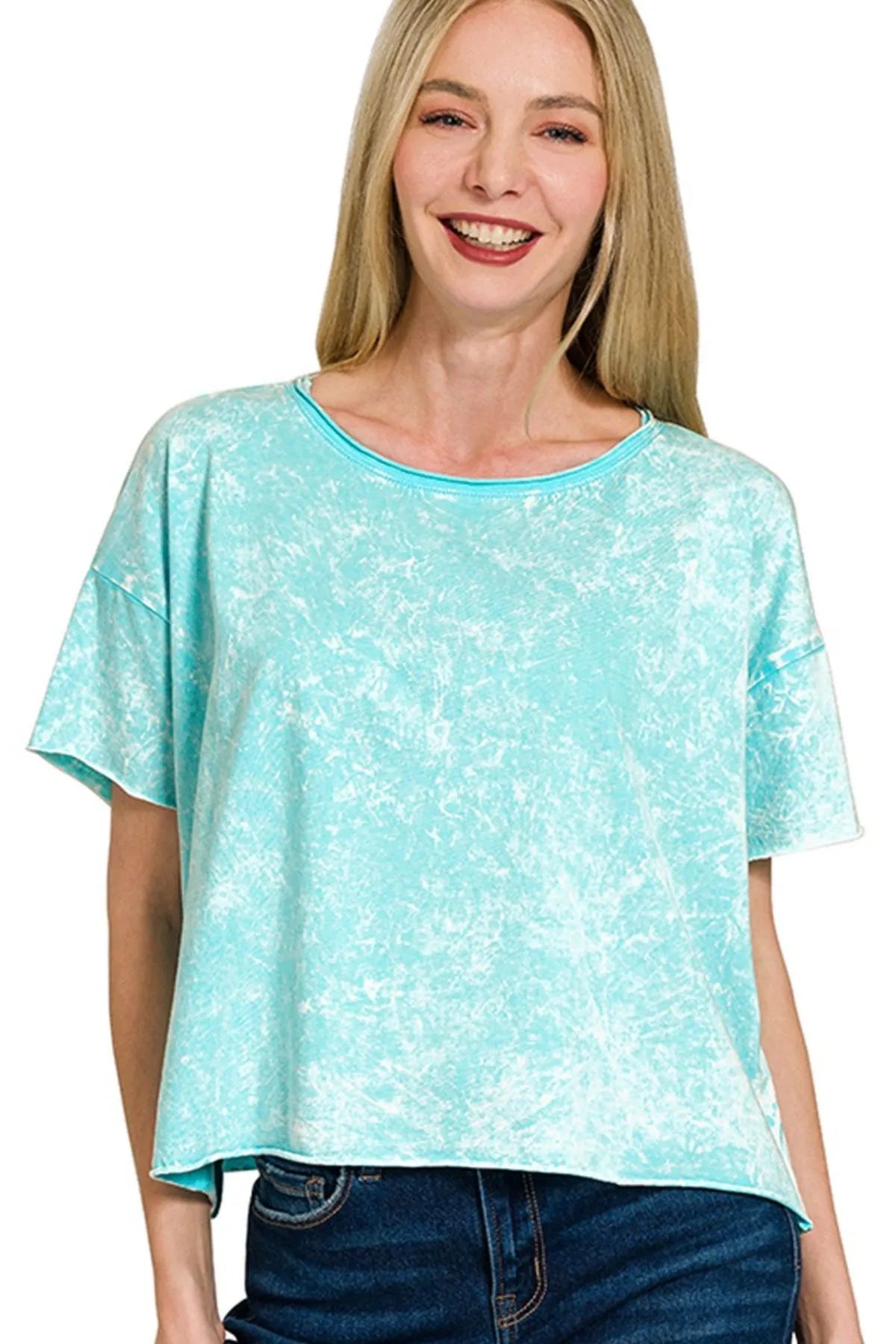 Zenana Mint Sky Washed Crew Neck Short Sleeve Crop Box Tee MINT SKY