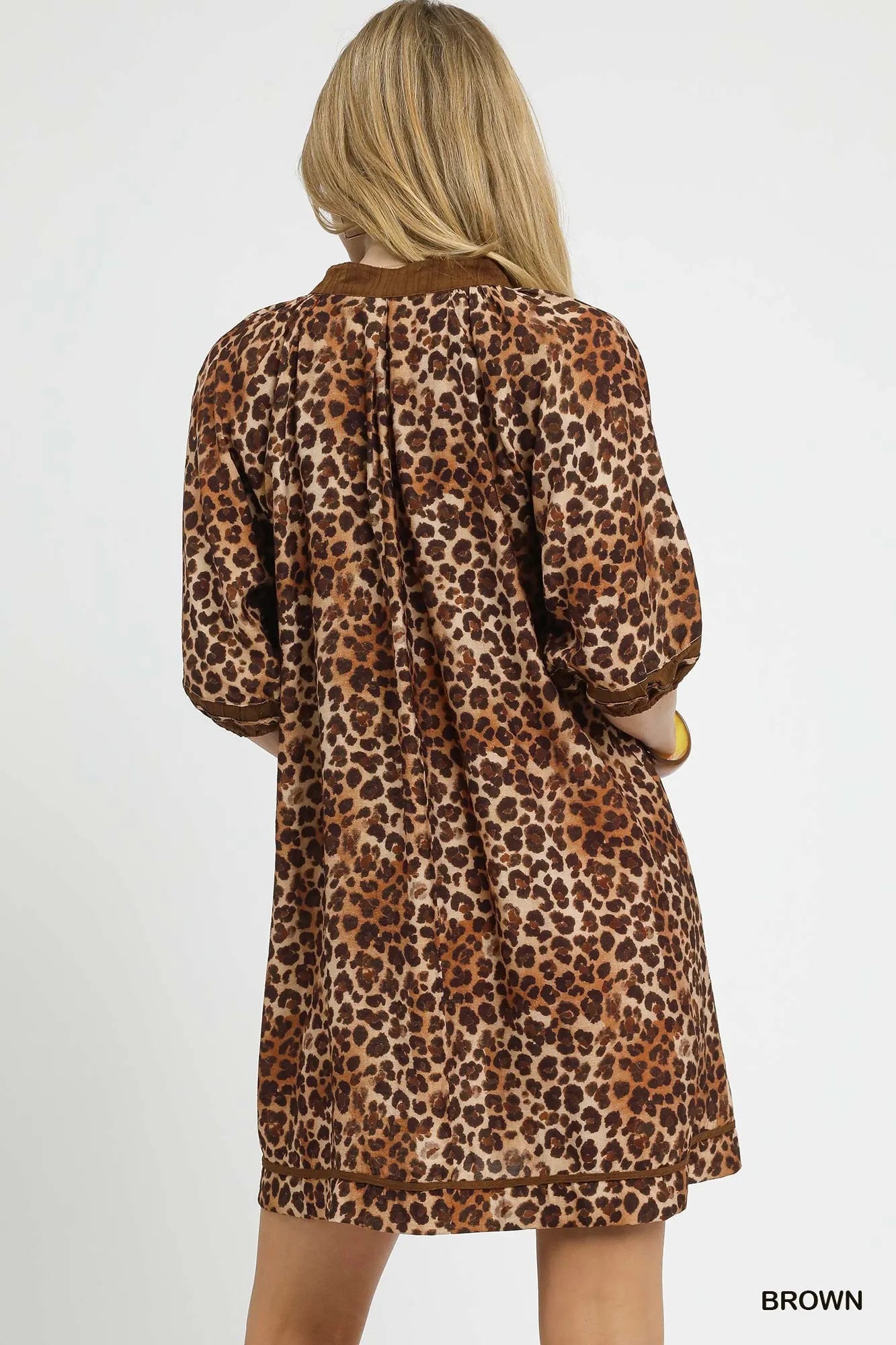 Umgee Brown Leopard Print Mini Dress with Contrast Trim