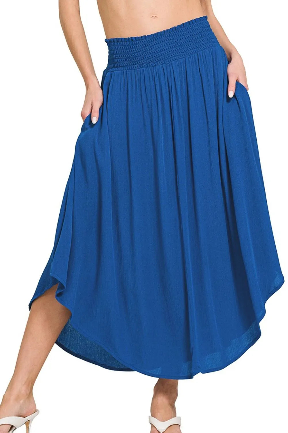 Zenana Woven Crinkle Smocked Waist Maxi Skirt W Pockets CLASSIC BLUE