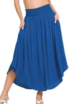 Zenana Woven Crinkle Smocked Waist Maxi Skirt W Pockets CLASSIC BLUE