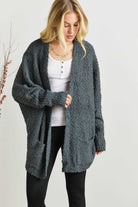 ADORA Dark Olive Popcorn Knit Open Front Long Sleeve Cardigan