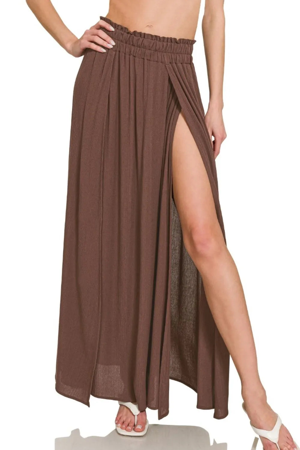 Zenana Brown Woven Crinkle Gauze Long Skirt BROWN